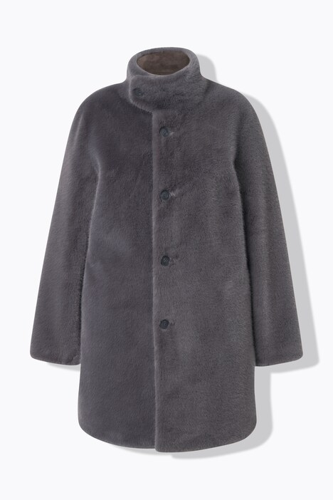 Manteau court imitation fourrure, col montant et boutons-pression, coupe évasée