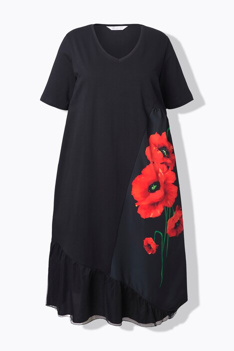 Robe coupe évasée, motif à fleurs et empiècement en tulle