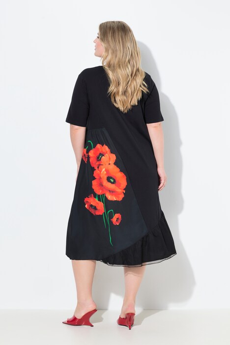 Robe coupe évasée, motif à fleurs et empiècement en tulle