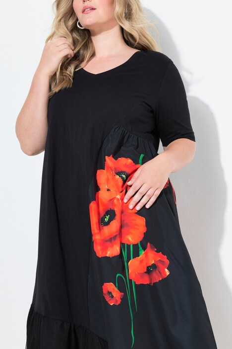 Robe coupe évasée, motif à fleurs et empiècement en tulle