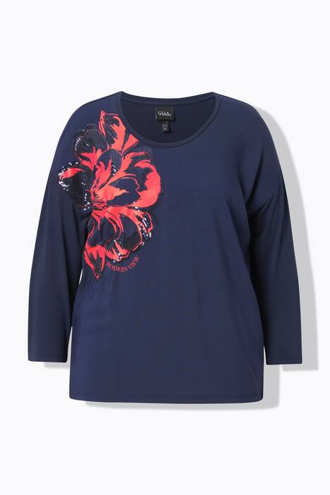 Skjorte, blomsterapplikasjon, oversized, rund hals, 3/4-ermer
