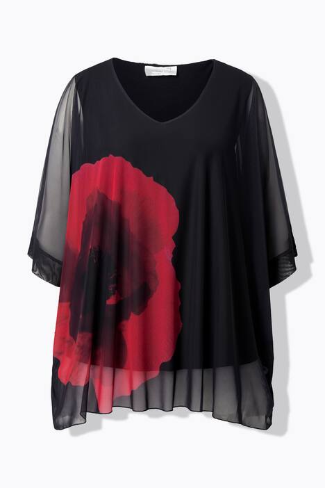 Mesh-bluse, oversized, blomstertrykk, ugjennomsiktig jerseytopp