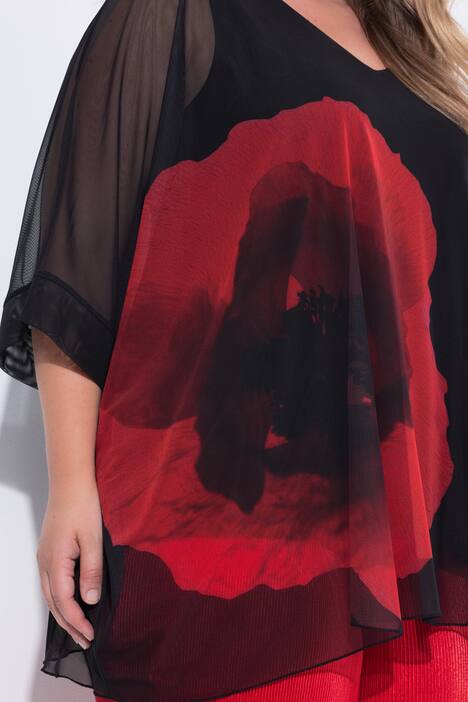 Mesh-bluse, oversized, blomstertrykk, ugjennomsiktig jerseytopp