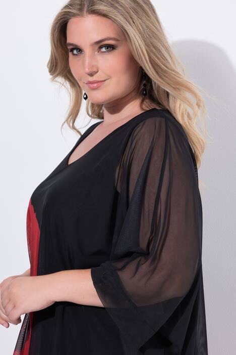 Mesh-bluse, oversized, blomstertrykk, ugjennomsiktig jerseytopp