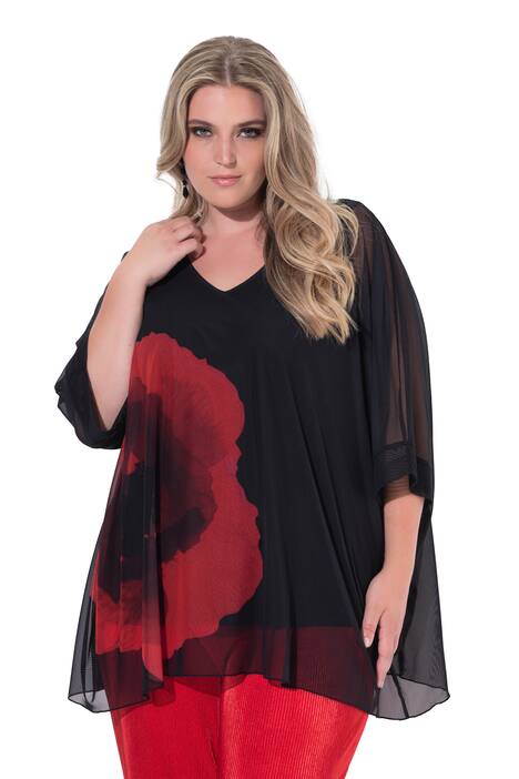 Síťovaná halenka, oversize, květovaný potisk, neprůhledný žerzejový top