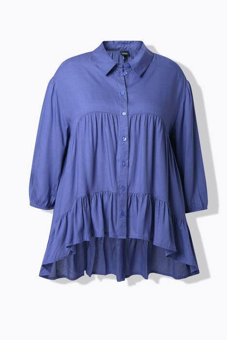 Chemisier évasé à col chemise et manches 3/4, ourlet à volants