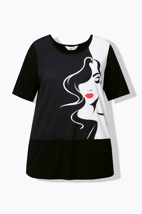 T-shirt, A-form, sort/hvid på forsiden, kvinde-motiv