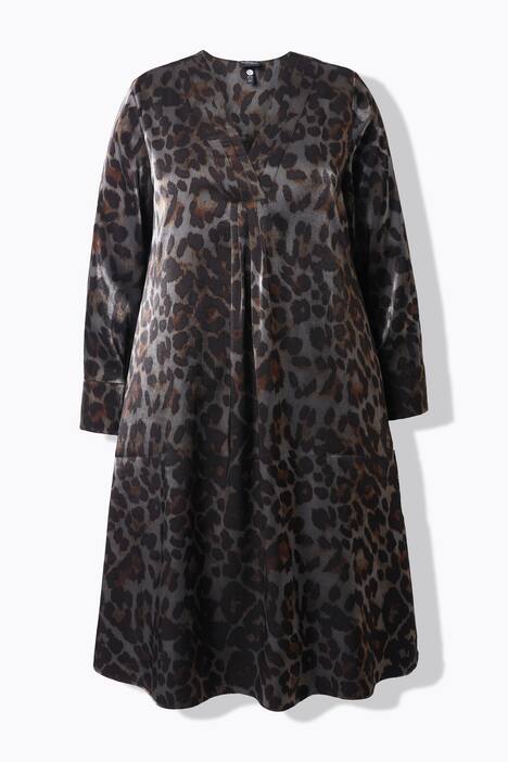 Vestido midi, diseño de leopardo, línea A, escote en V, manga larga
