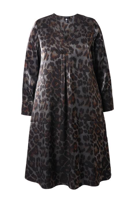Midi šaty, leopardí design, A střih, výstřih do V, dlouhé rukávy