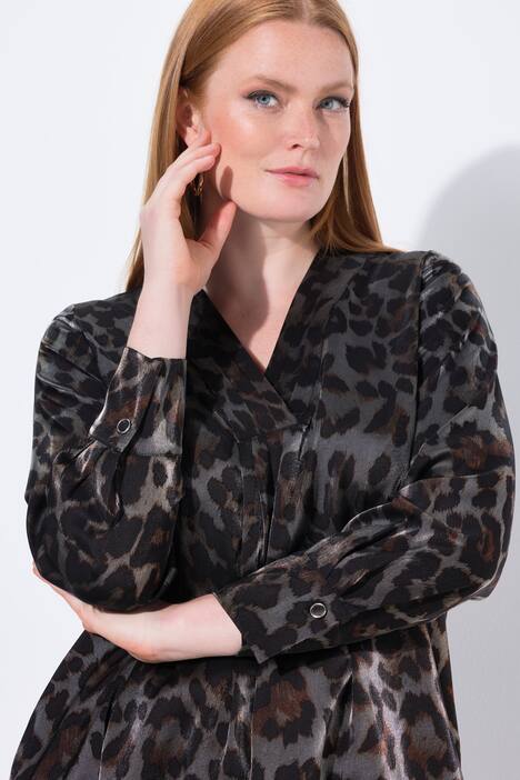 Vestido midi, diseño de leopardo, línea A, escote en V, manga larga