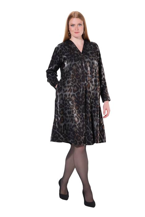 Midi šaty, leopardí design, A střih, výstřih do V, dlouhé rukávy