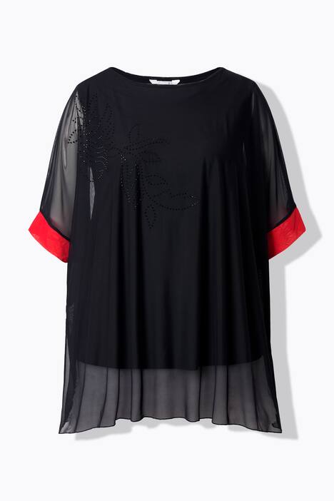 Mesh blouse, oversized, siersteentjes, ondoorzichtige top