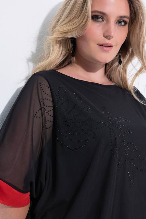Mesh blouse, oversized, siersteentjes, ondoorzichtige top
