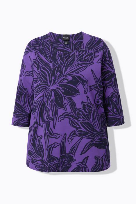 Shirt, bladeren, A-lijn, tuniekhals, 3/4-mouw
