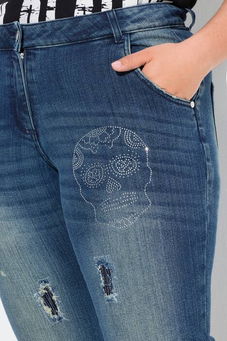 Jeans modello Paula con taglio dritto, teschio ed effetto sdrucito