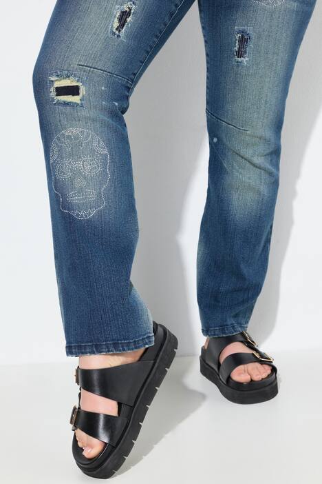 Jeans modello Paula con taglio dritto, teschio ed effetto sdrucito