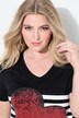 Camiseta, forma en A, corazón de piedras brillantes, rayas
