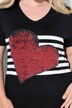 Camiseta, forma en A, corazón de piedras brillantes, rayas