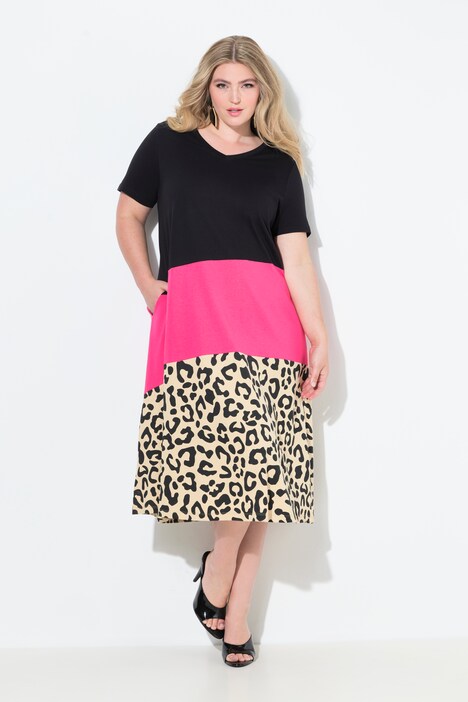 Kjole, A-form, colorblocking med dyreprint