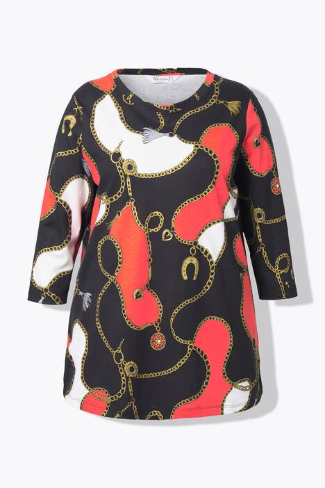 T-shirt dal taglio svasato con fantasia con catenine e maniche a 3/4