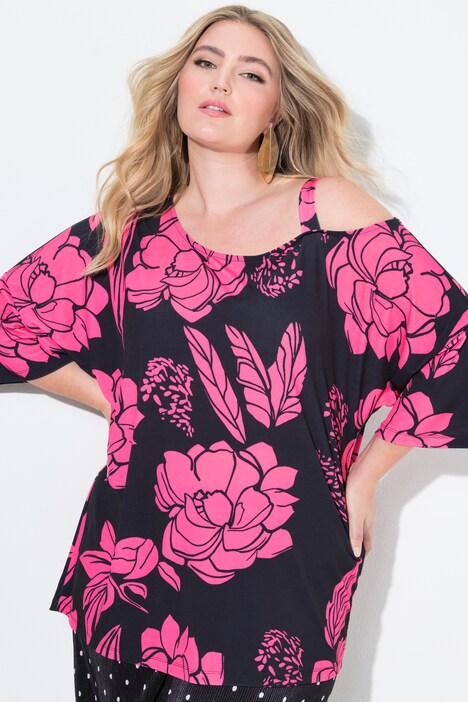 T-shirt, oversized, blomster, skulderudskæringer.