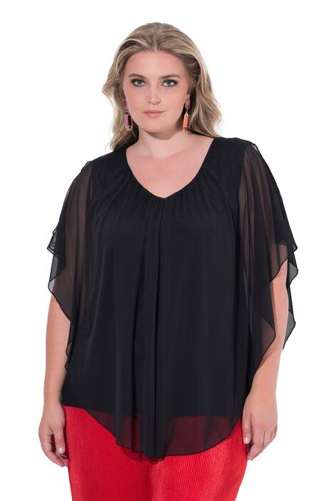 Síťované halenkové tričko, oversize, průstřihy na ramenou, spodní neprůhledný žerzejový top