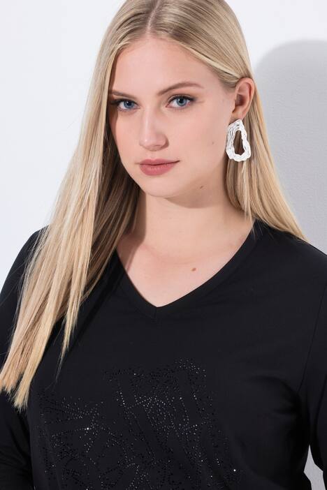 T-shirt Classic à manches 3/4, avec col V et strass
