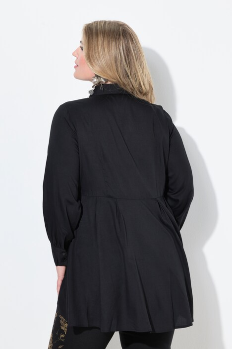 Blouse, A-line, cross seam with decorative pleats, rounded hem