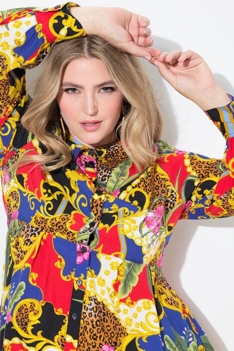 Blouse, A-line, allover print, decorative pleats