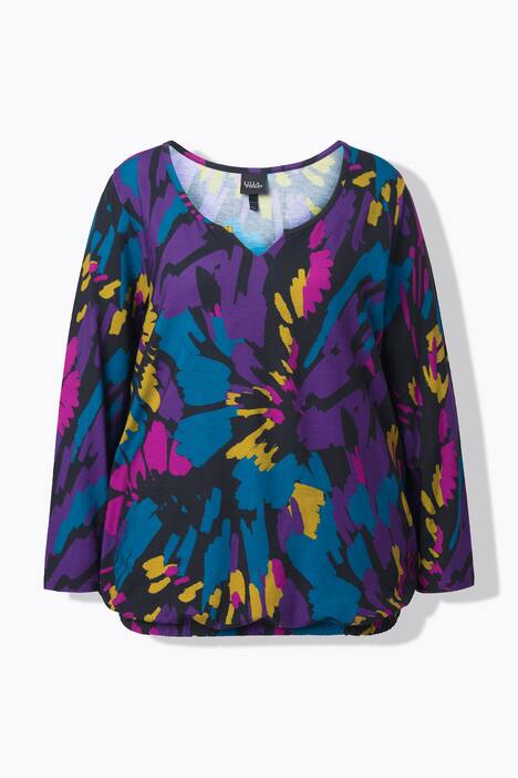 Shirt, bloemen, elastische zoom, ronde hals, lange mouwen, keyhole