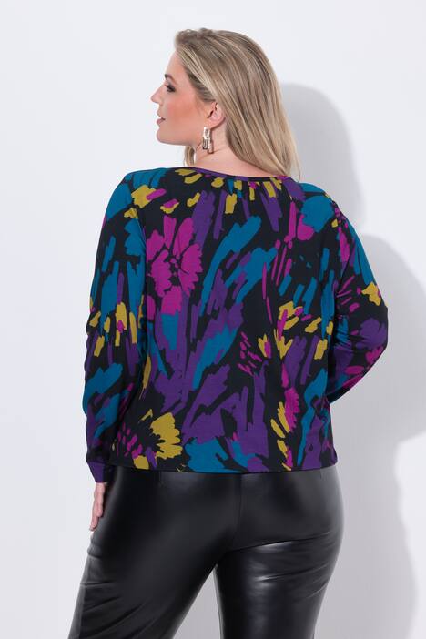 Shirt, bloemen, elastische zoom, ronde hals, lange mouwen, keyhole