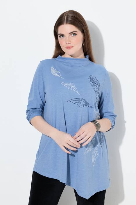 T-shirt long à col montant et manches longues, coton bio, broderie