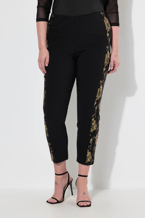 Pantalón de bengalina, pierna estrecha, estampado dorado