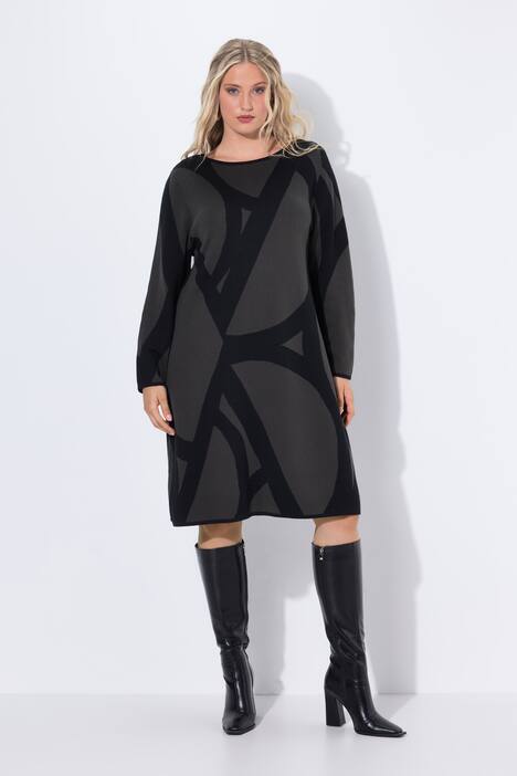Strickkleid, grafisches Muster, U-Boot-Ausschnitt, Langarm