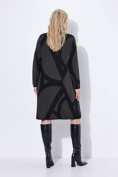 Strickkleid, grafisches Muster, U-Boot-Ausschnitt, Langarm