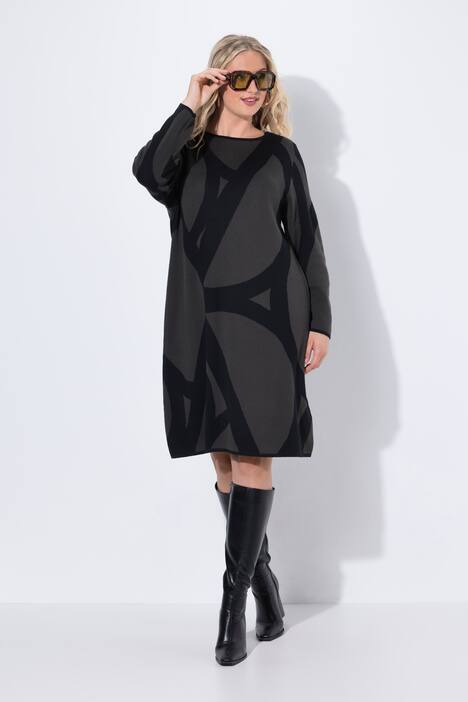 Strickkleid, grafisches Muster, U-Boot-Ausschnitt, Langarm
