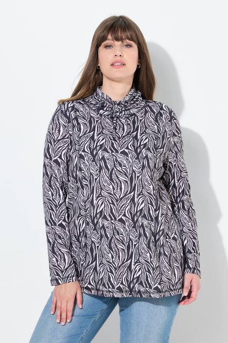T-shirt en coton bio, à manches longues et col montant, motif feuillage