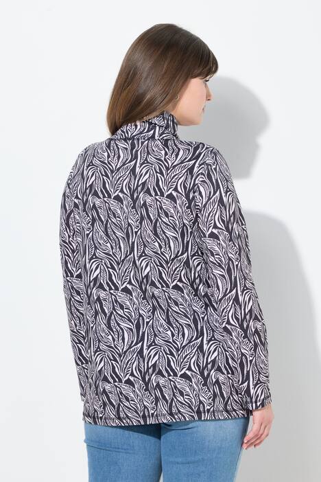 T-shirt en coton bio, à manches longues et col montant, motif feuillage