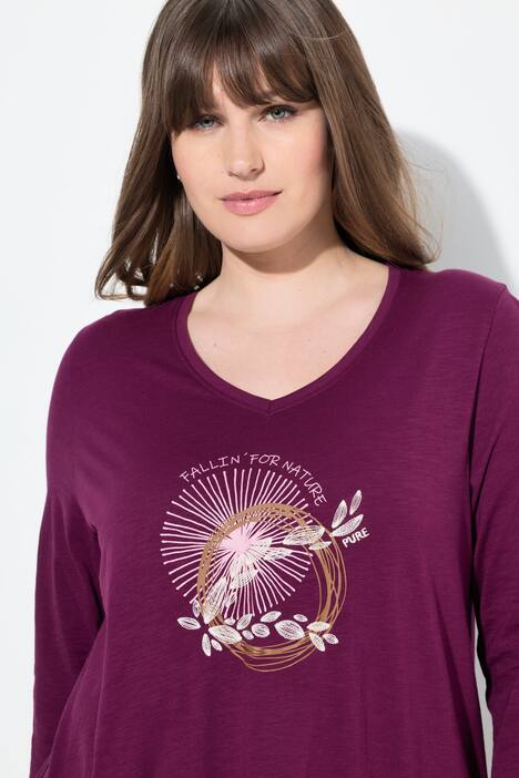 Shirt, Stickerei, V-Ausschnitt, 3/4-Arm, Biobaumwolle