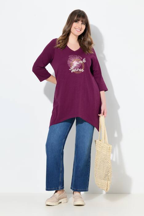 Shirt, Stickerei, V-Ausschnitt, 3/4-Arm, Biobaumwolle