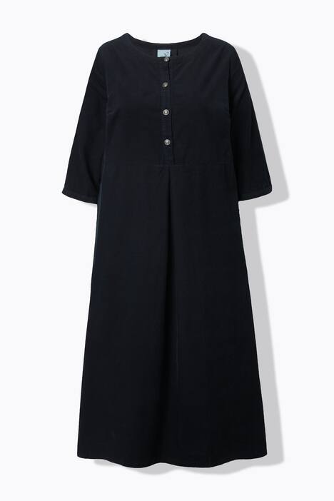 Maxi-jurk van corduroy, ronde hals, sierplooi, 3/4-mouwen, zakken