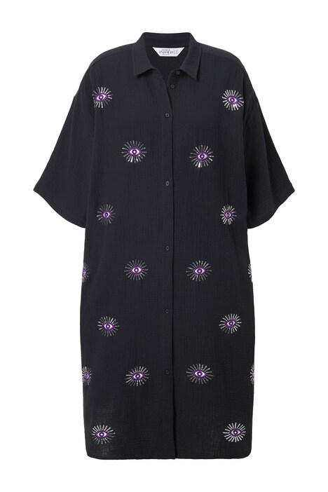 Midi šaty, mušelín, oversize, výšivky očí