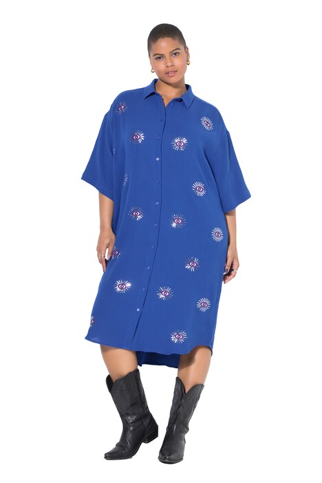 Midi šaty, mušelín, oversize, výšivky očí