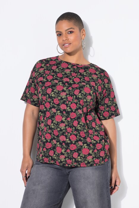 T-shirt, oversized, roses, korte mouw