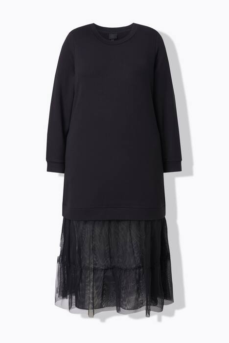 Maxi-jurk van sweatstof, tule-volant, ronde hals, lange mouwen