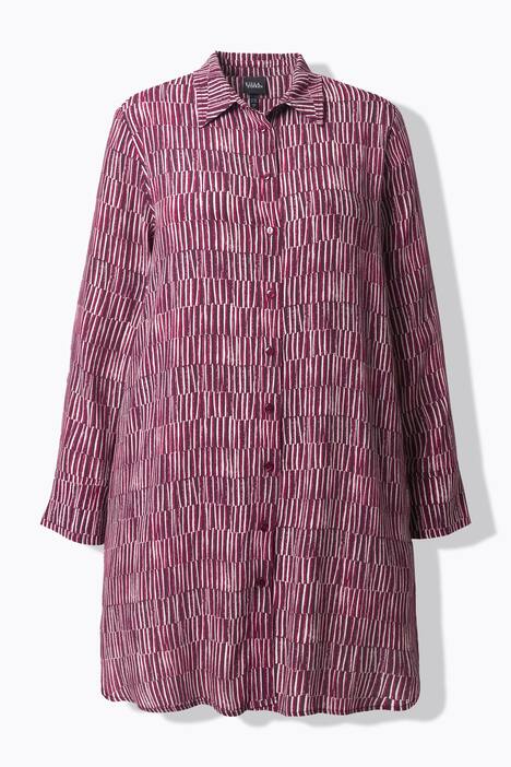 Blouse longue à rayures. Col chemise, manches longues. Coupe évasée