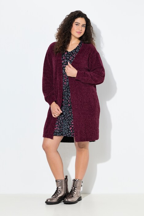 Chenille-Strickjacke, V-Ausschnitt, offene Form, Langarm