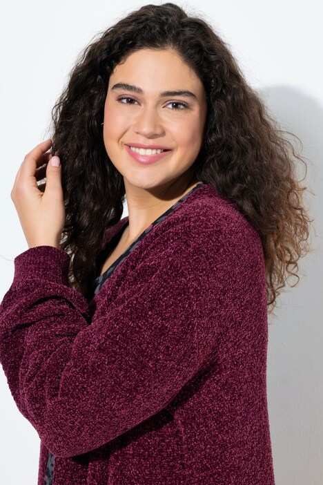 Chenille-Strickjacke, V-Ausschnitt, offene Form, Langarm