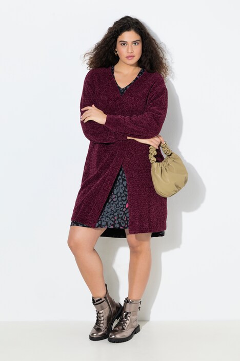 Chenille-Strickjacke, V-Ausschnitt, offene Form, Langarm