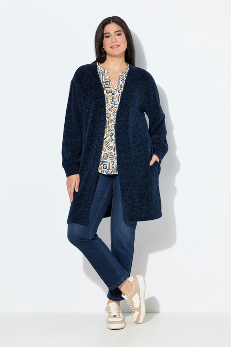 Chenille-Strickjacke, V-Ausschnitt, offene Form, Langarm